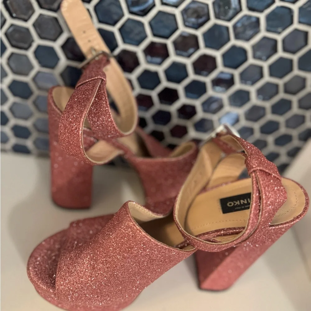 Pinko Rose Pink Glitter Platform Sandals